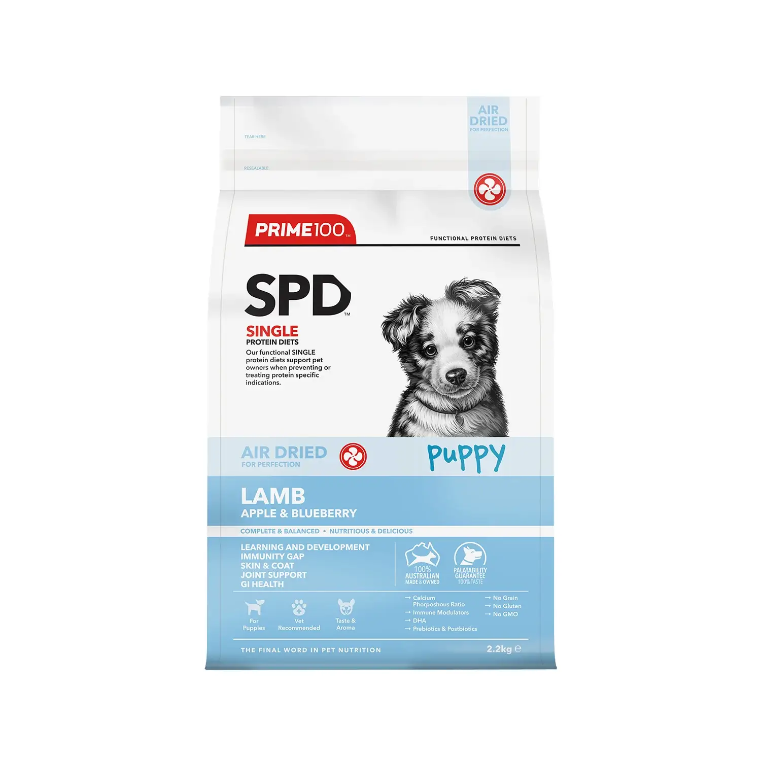 Puppy Air Dried Lamb, Apple & Blueberry front of bag 2.2kg