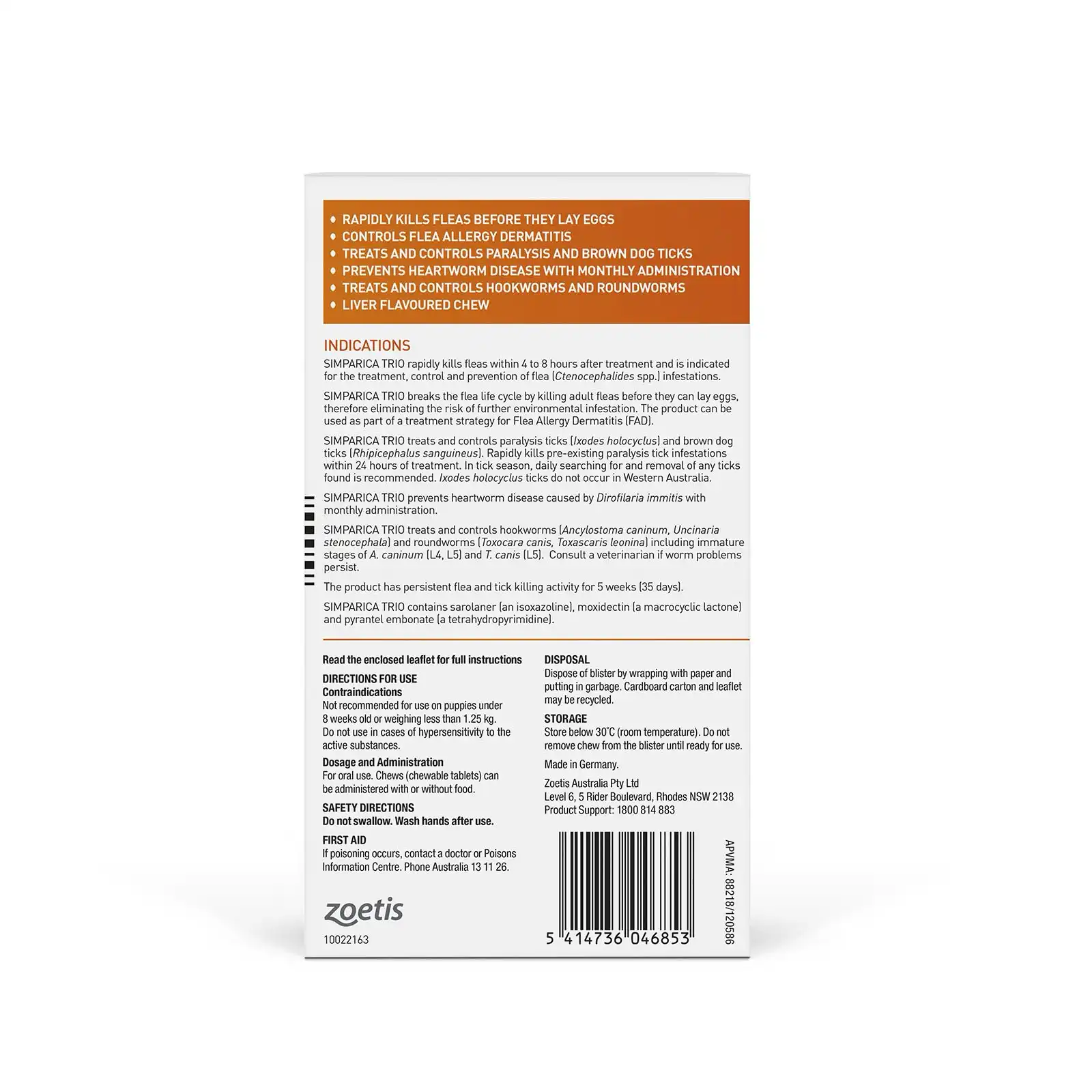 Back of Simparica Trio 5.1–10kg Orange pack showing product information