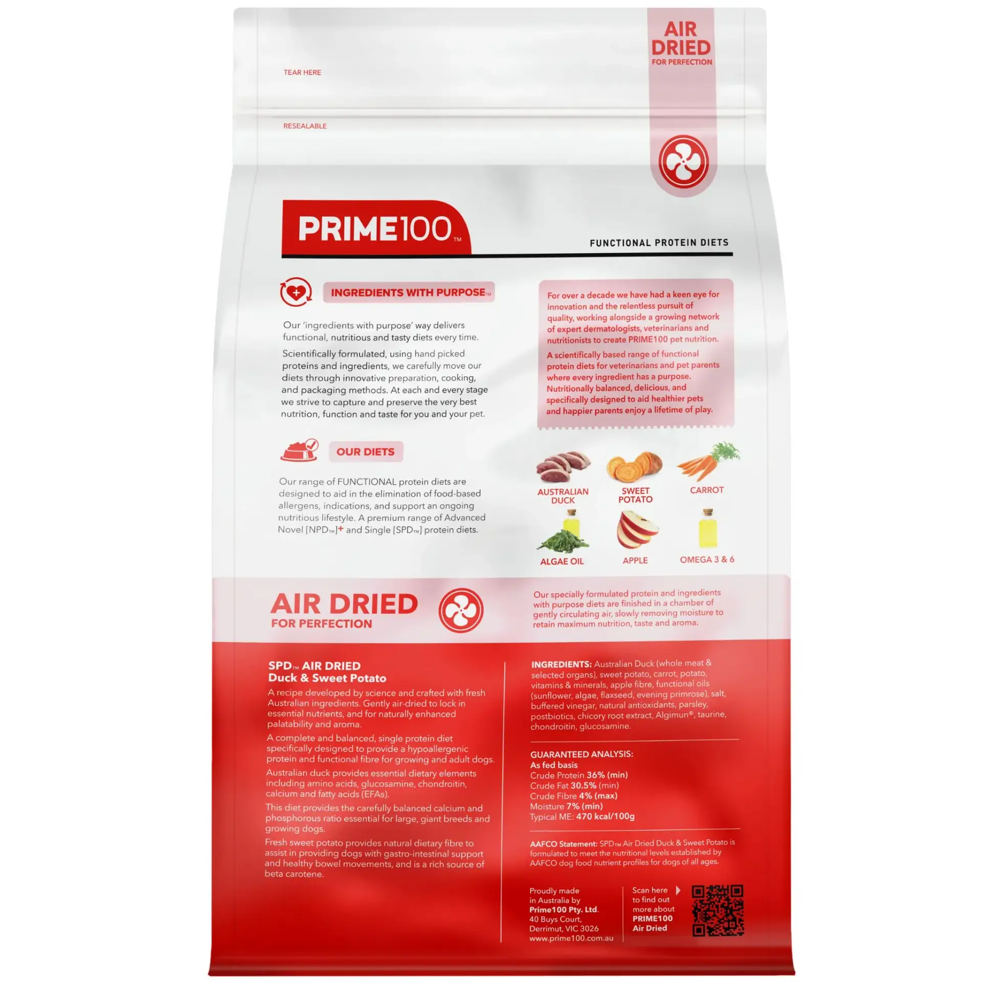 Prime100 SPD Air Dried Duck & Sweet Potato Dog Food Back of Bag Back of Prime100 SPD Air Dried Duck & Sweet Potato dog food bag showing ingredients, nutritional information, and product benefits