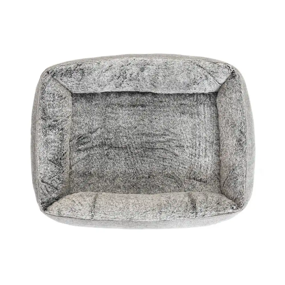 Top-down view of grey orthopaedic dog bed showing soft interior