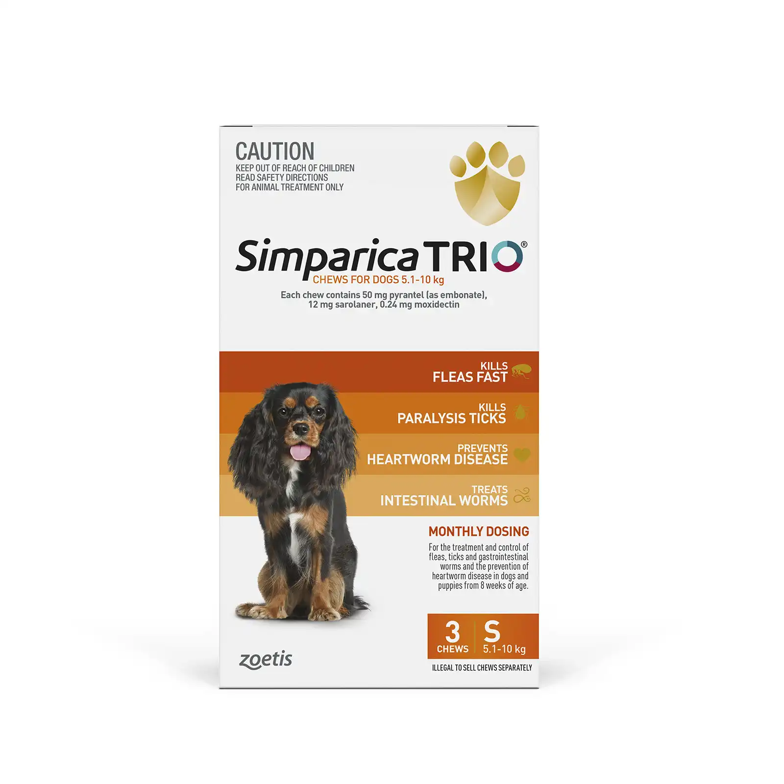 Front of Simparica Trio 5.1–10kg Orange pack for small dogs