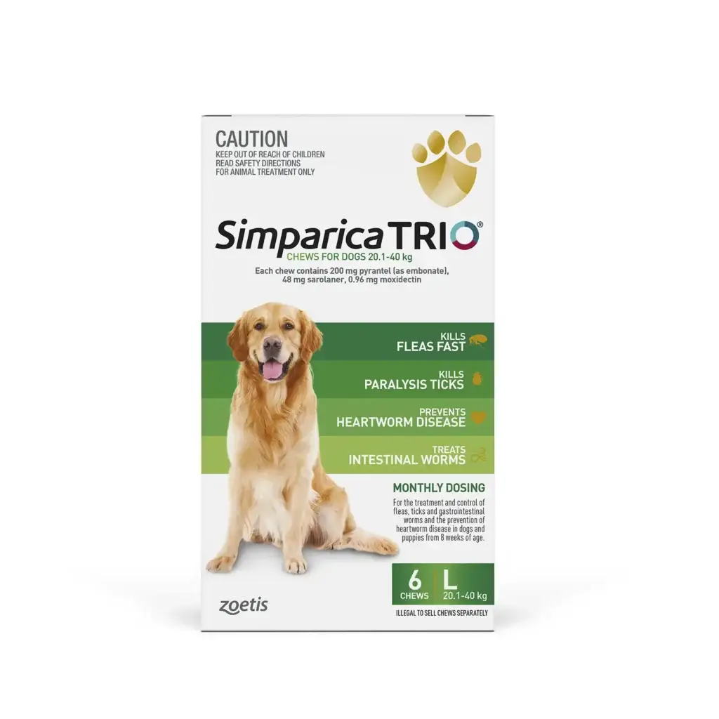 Front of Simparica Trio 20.1–40kg green box showing large dog and parasite protection details
