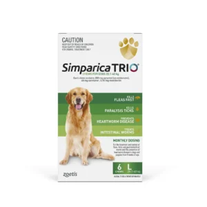 Front of Simparica Trio 20.1–40kg green box showing large dog and parasite protection details