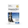 Simparica Trio 10.1–20kg Medium Front of Pack Front of Simparica Trio 10.1–20kg Blue Medium pack showing product information and dog image