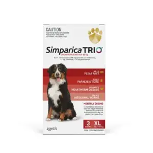 Front view of Simparica Trio 40.1-60kg Red XL 3 Pack flea, tick, heartworm and worming treatment for extra-large dogs