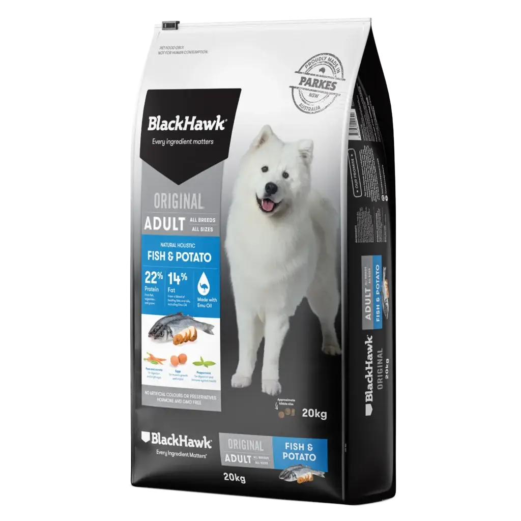 BlackHawk Original Fish and Potato Dog Food 20kg bag – Australian made dry food with fish, potato, and emu oil for adult dogs.