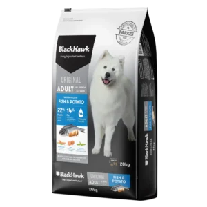 BlackHawk Original Fish & Potato Dog Food 20kg bag – Australian made dry food with fish, potato, and emu oil for adult dogs.