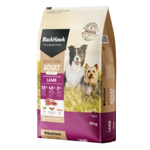 BlackHawk Grain Free Lamb Dog Food angled front packaging – Australian pasture-grazed lamb recipe for adult dogs.