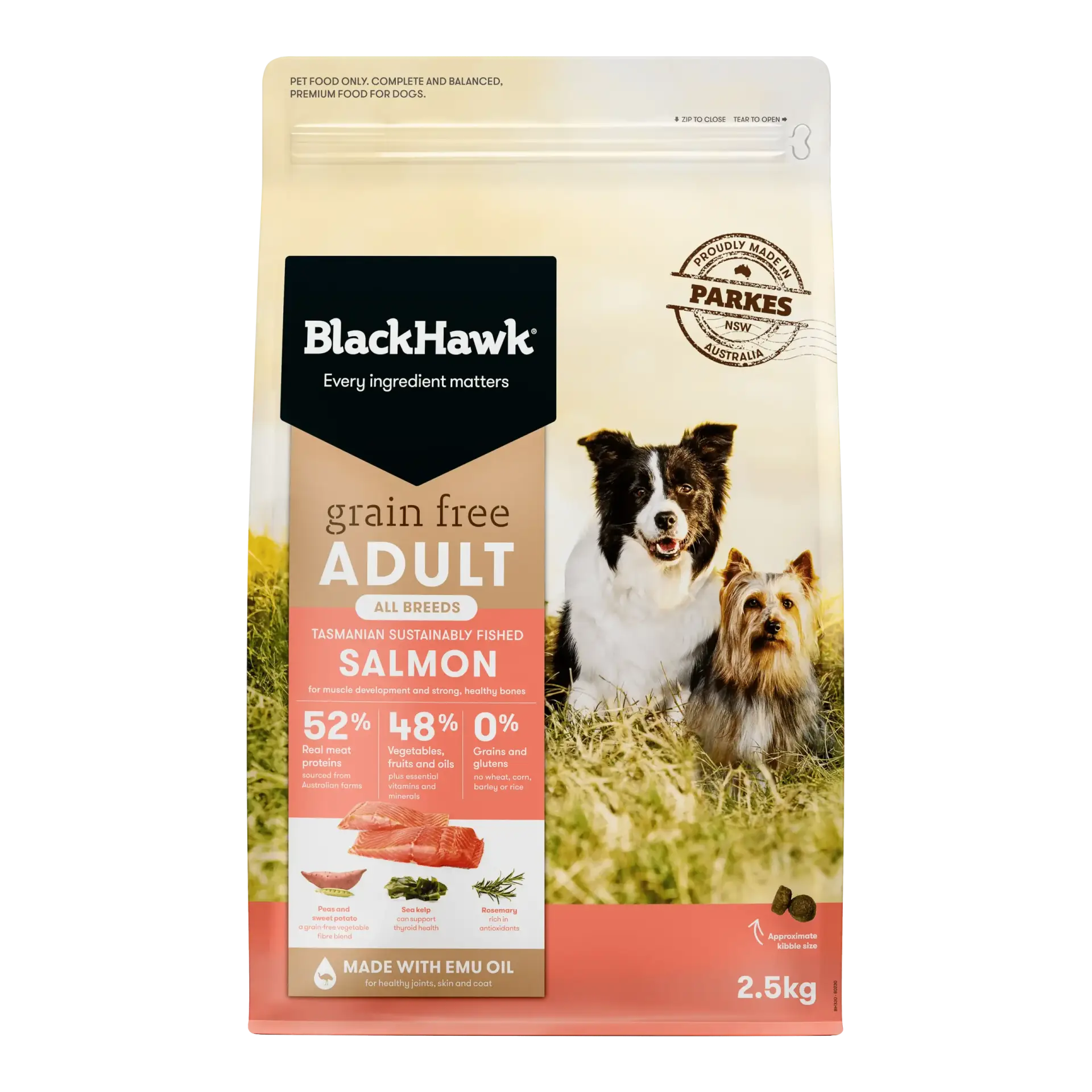 BlackHawk Grain Free Salmon Dog Food 2.5kg bag – premium Australian grain free dry food with Tasmanian salmon for skin, coat, and muscle health.