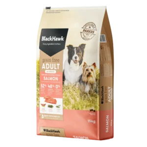 BlackHawk Grain Free Salmon Dog Food 15kg bag – Australian made dry food with Tasmanian salmon and emu oil for adult dogs.