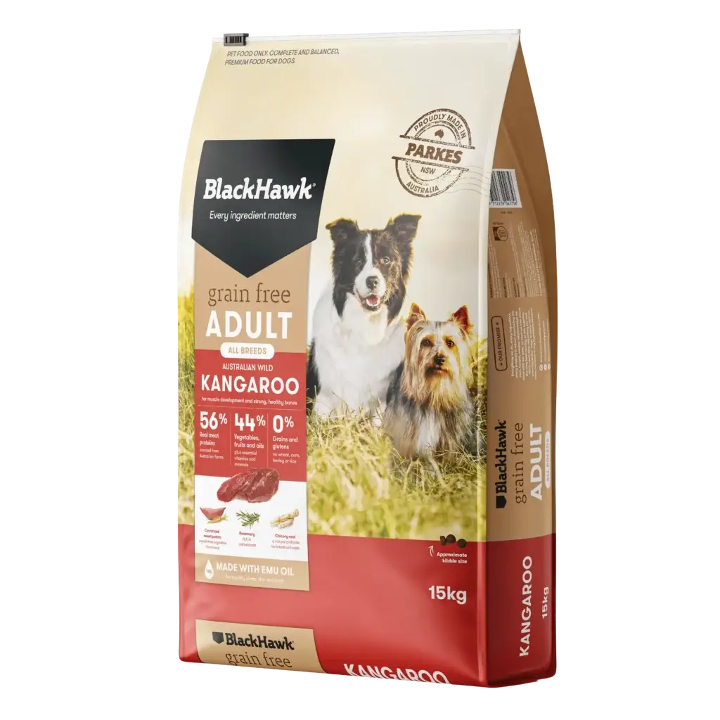 BlackHawk Grain Free Kangaroo Dog Food 15kg bag – Australian made dry food with wild kangaroo and emu oil for adult dogs.