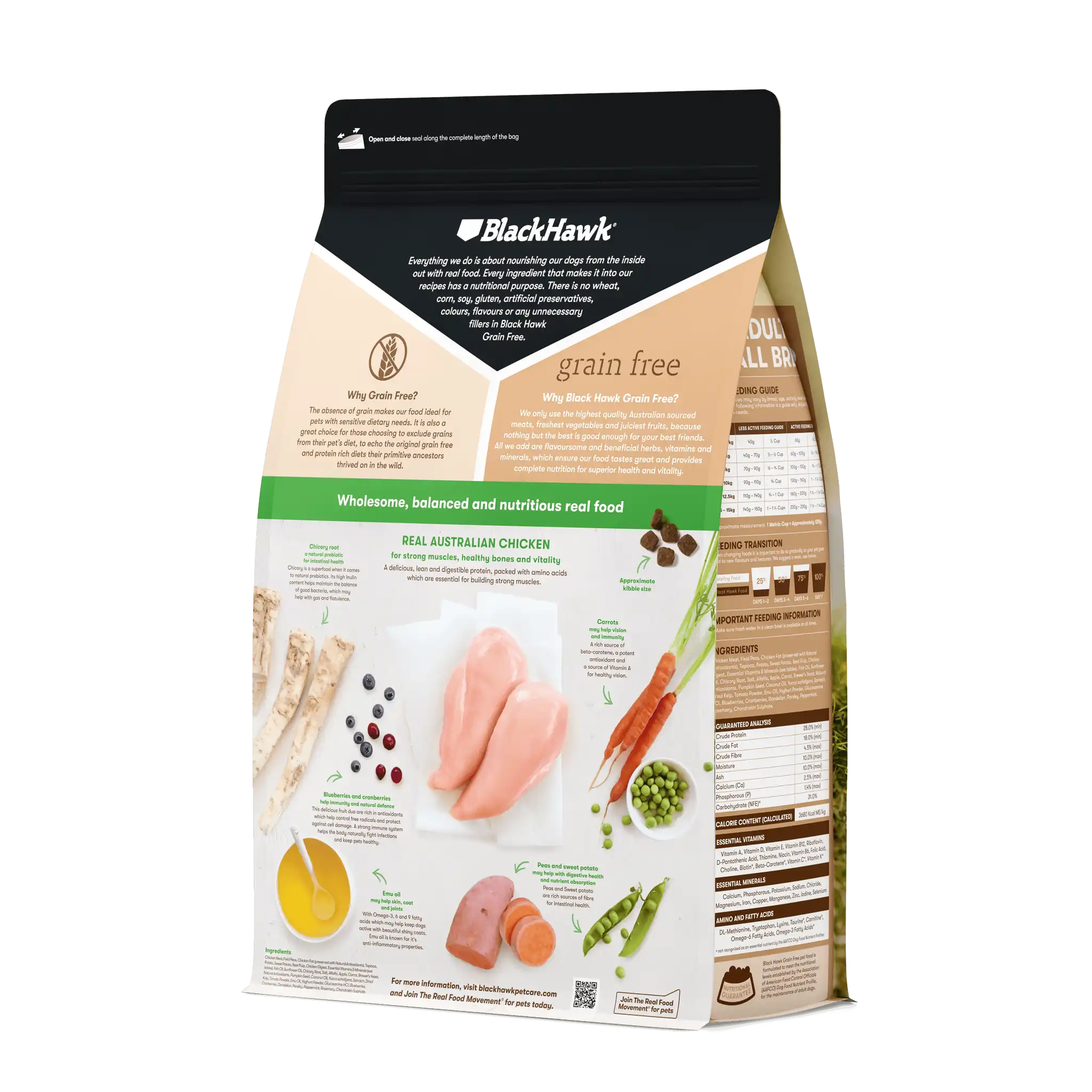 BlackHawk Grain Free Chicken Small Breed Dog Food angled back – packaging showing wholesome ingredients and key nutrients.