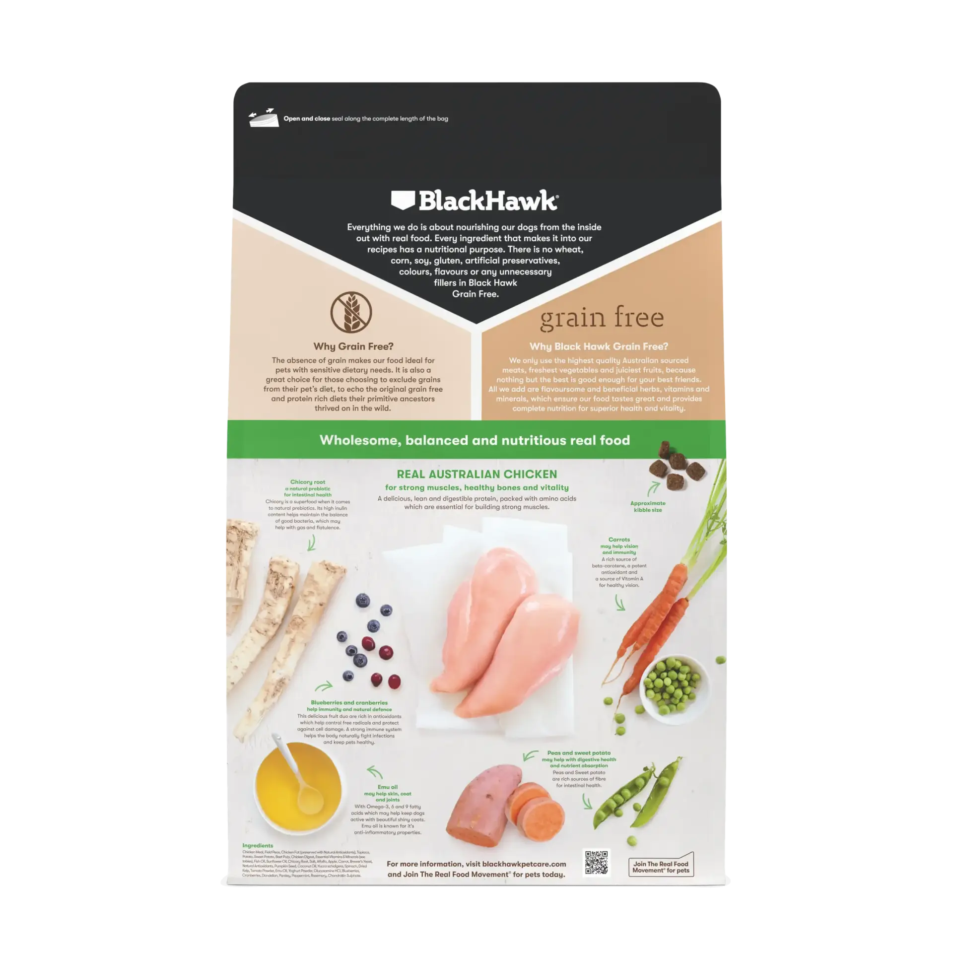 BlackHawk Grain Free Chicken Small Breed Dog Food ingredients – chicken, vegetables, fruits, and emu oil for balanced nutrition.