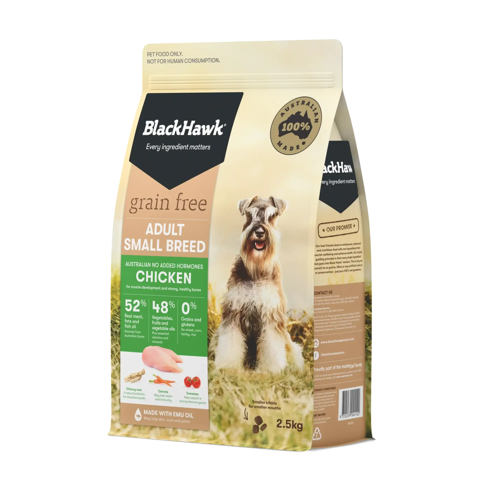 BlackHawk Grain Free Chicken Small Breed Dog Food 2.5kg bag – premium Australian dry food with chicken and emu oil for small breed adults.