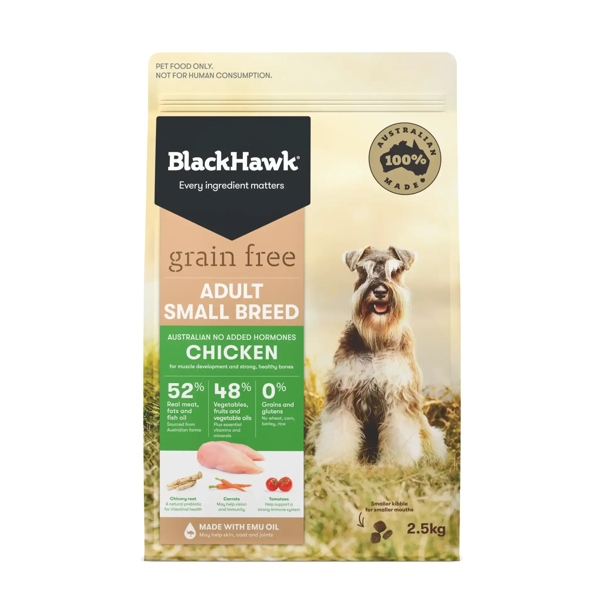 BlackHawk Grain Free Chicken Small Breed Dog Food 2.5kg bag – premium Australian dry food with chicken and emu oil for small breed adults.