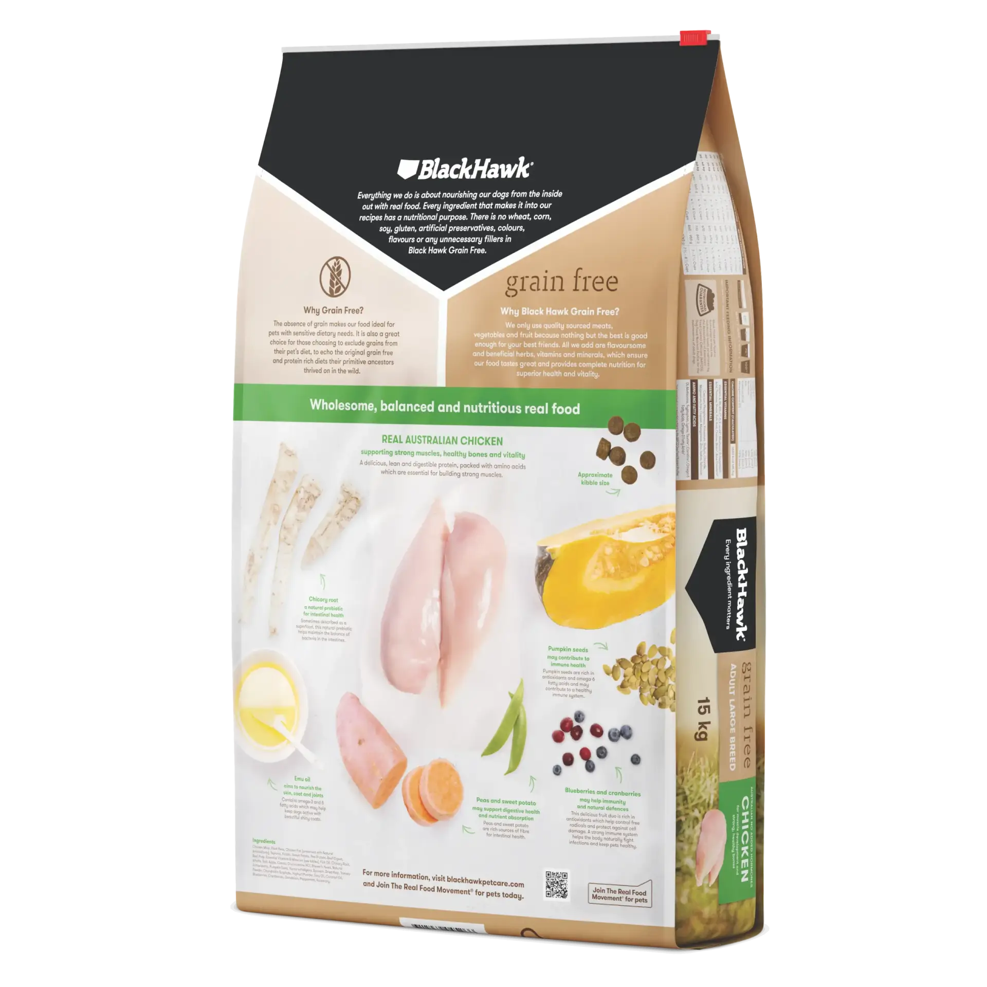 Black Hawk Grain Free Chicken Large Breed Dog Food nutritional panel – real ingredients and feeding information.