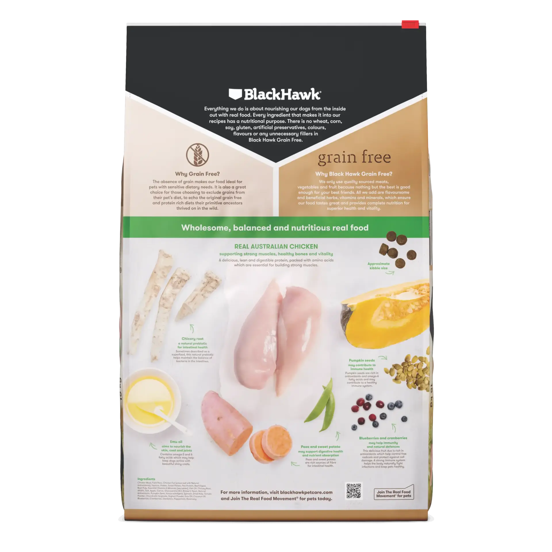 Black Hawk Grain Free Chicken Large Breed Dog Food ingredients – hormone-free chicken, vegetables, fruits, and emu oil.