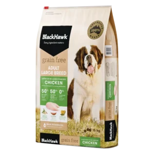 Black Hawk Grain Free Chicken Large Breed Dog Food 15kg bag – Australian made dry food for strong muscles and joint health.
