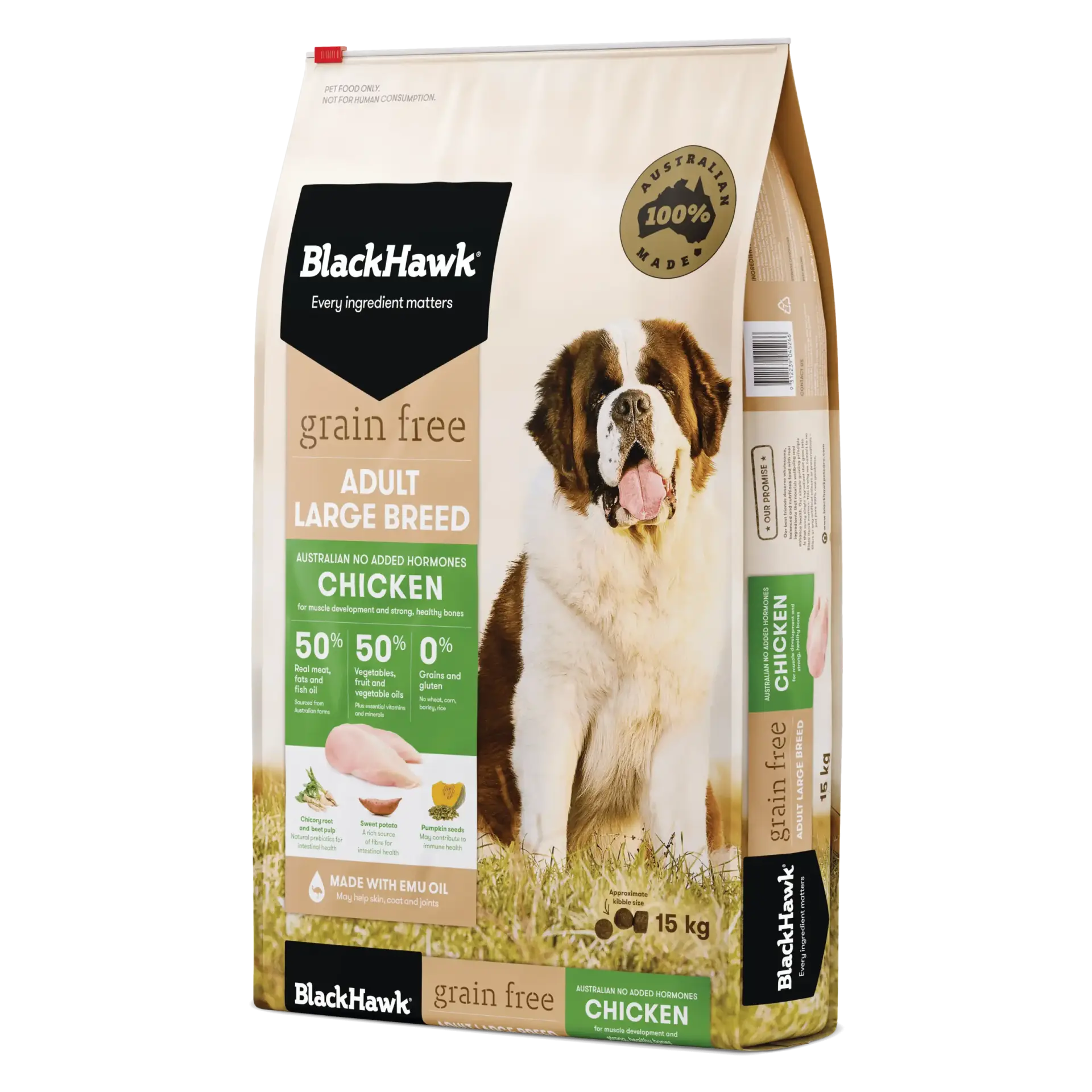 Black Hawk Grain Free Chicken Large Breed Dog Food 15kg bag – Australian made dry food for strong muscles and joint health.