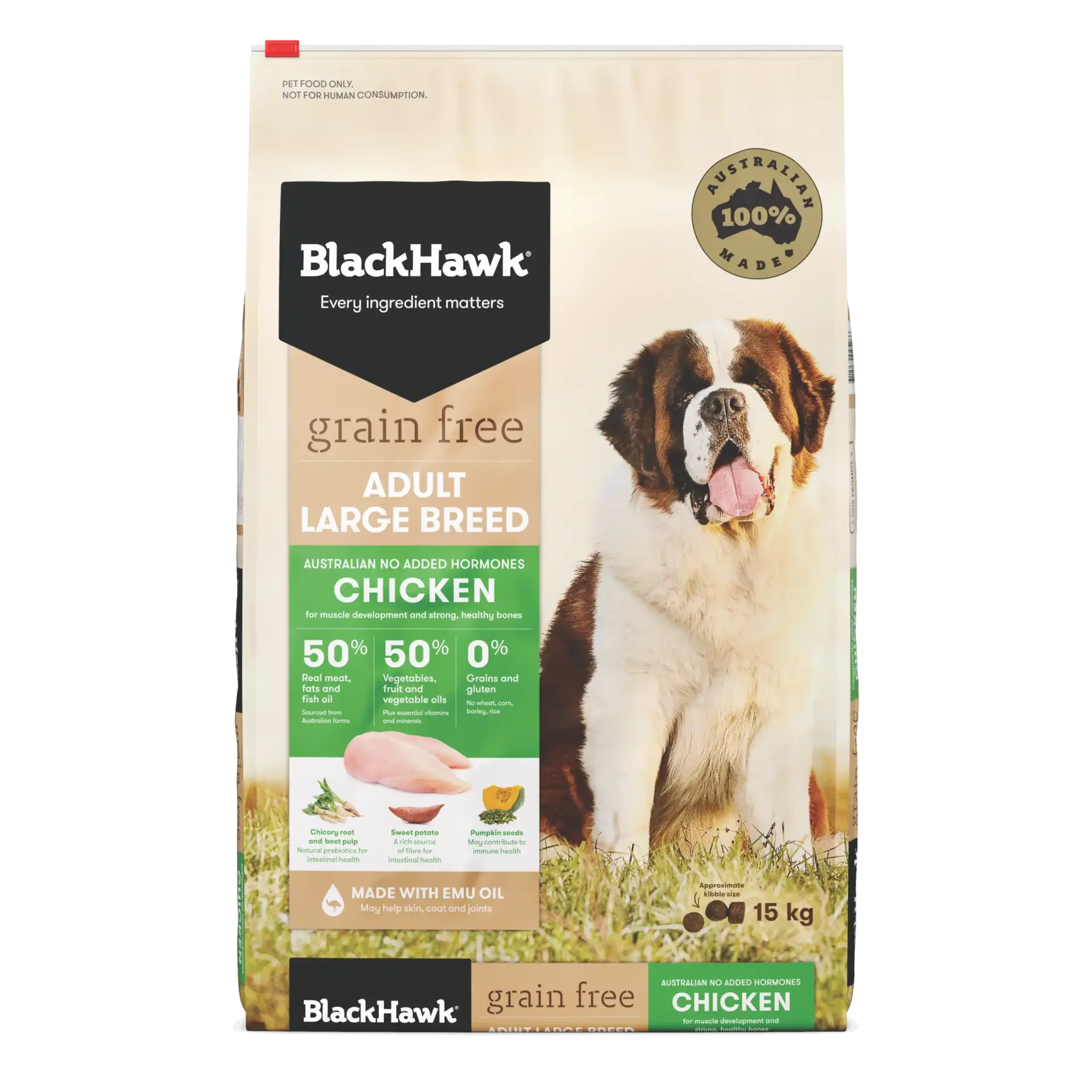 Black Hawk Grain Free Chicken Large Breed Dog Food front packaging – 15kg Australian made dry food for adult dogs.