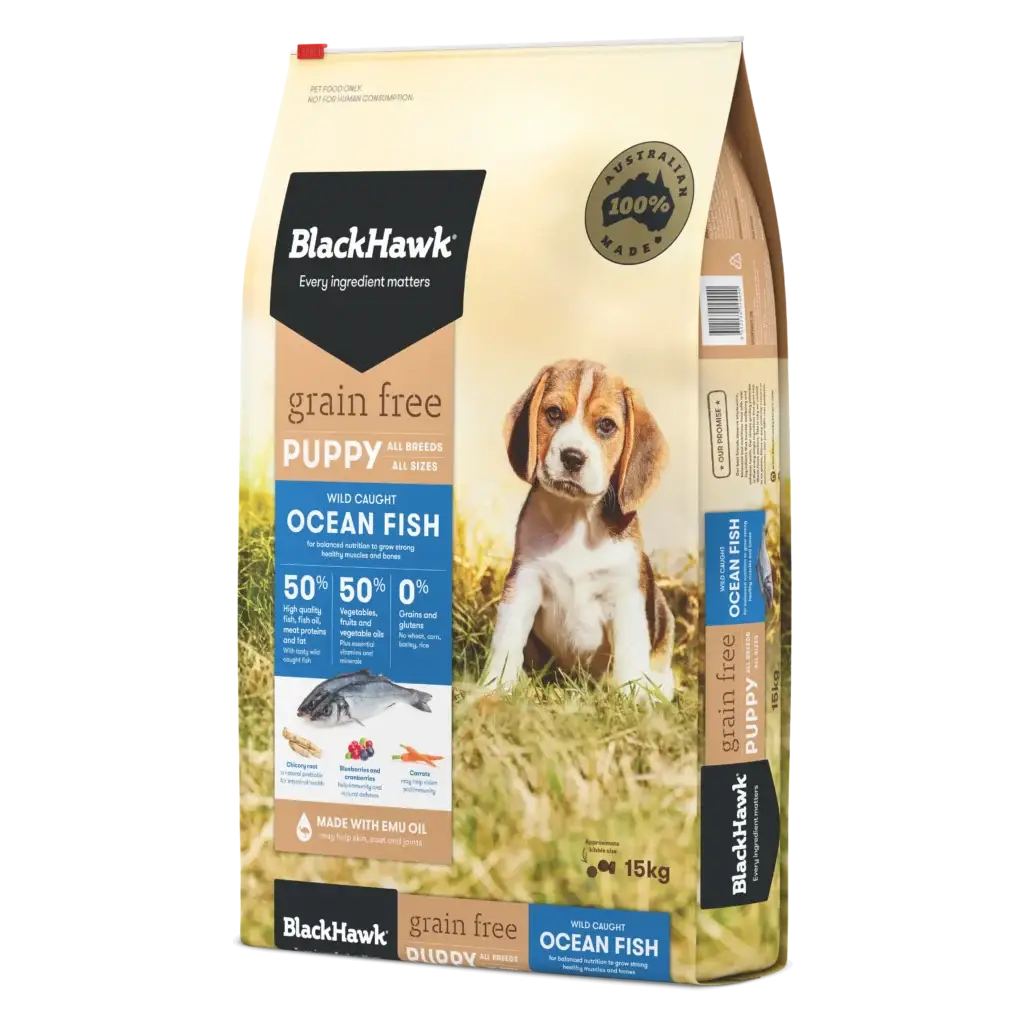 Black Hawk Grain Free Ocean Fish Puppy Dog Food 15kg bag – Australian made dry food with wild-caught fish and emu oil for healthy growth.