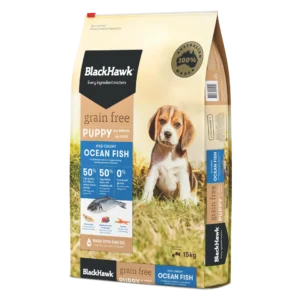 Black Hawk Grain Free Ocean Fish Puppy Dog Food 15kg bag – Australian made dry food with wild-caught fish and emu oil for healthy growth.