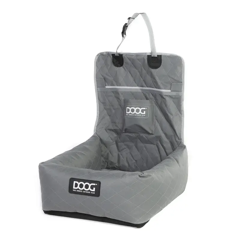 Grey DOOG car seat displayed from the front with padded walls and headrest straps