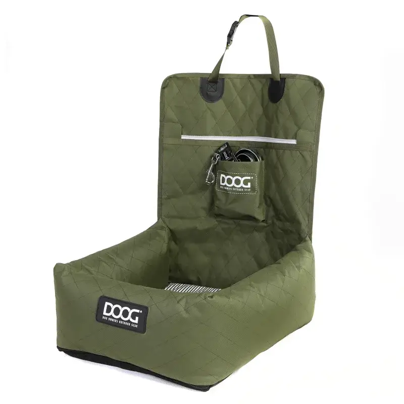 Green DOOG car seat shown with quilted back panel, padded cushion and hanging straps