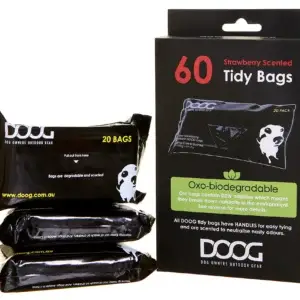 Box of DOOG Biodegradable Strawberry Scented Dog Waste Bags with three packs