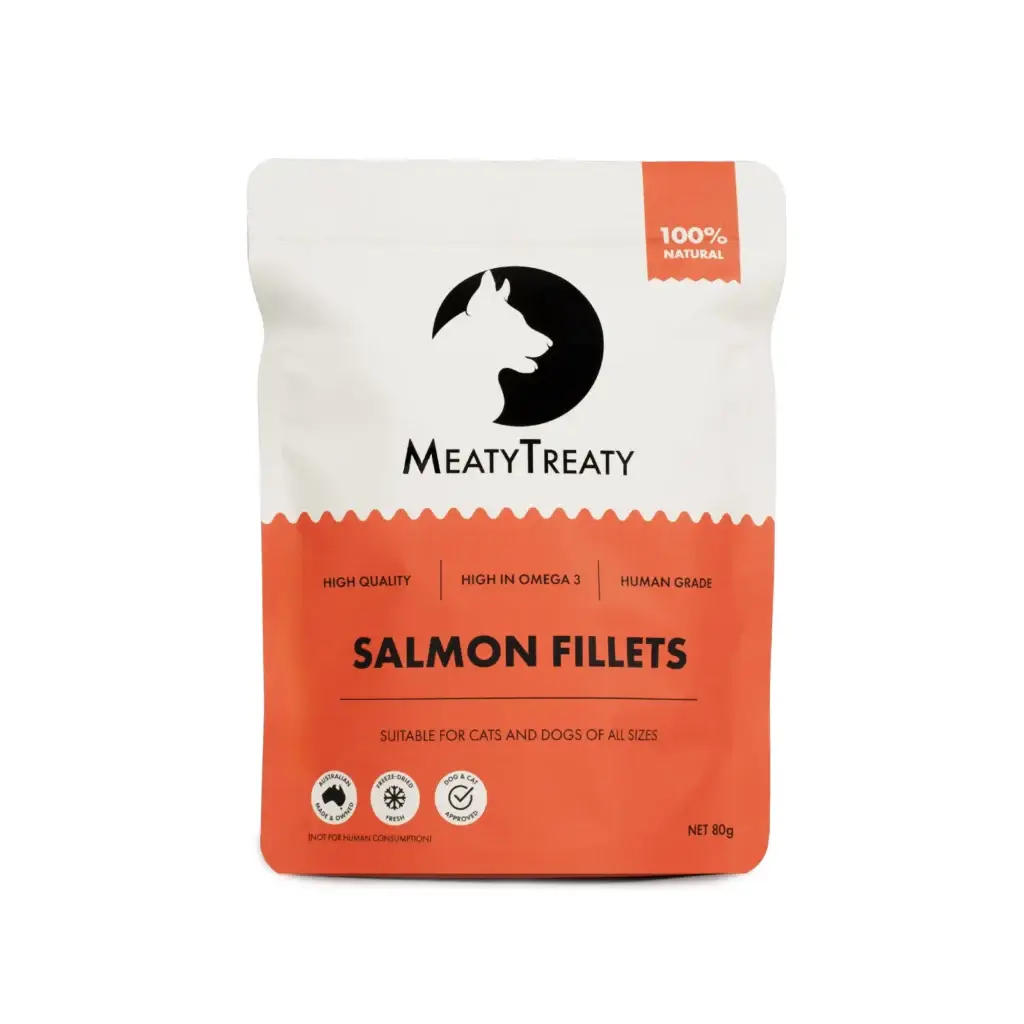 Front view of Meaty Treaty Freeze Dried Salmon Fillets dog freeze dried treats pack