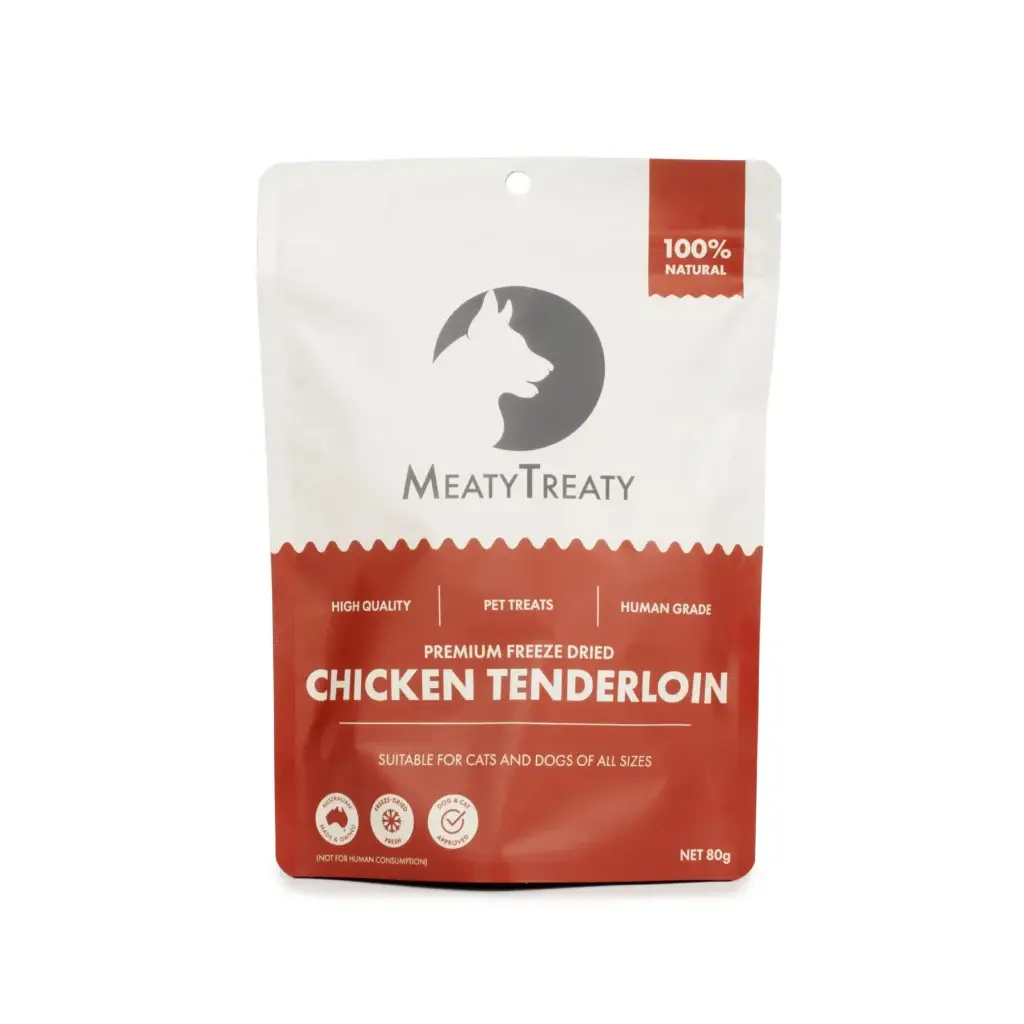 Front view of Meaty Treaty Freeze Dried Chicken Tenderloin dog treat pack.