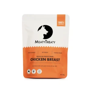Front view of Meaty Treaty Freeze Dried Chicken Breast dog treats pack.