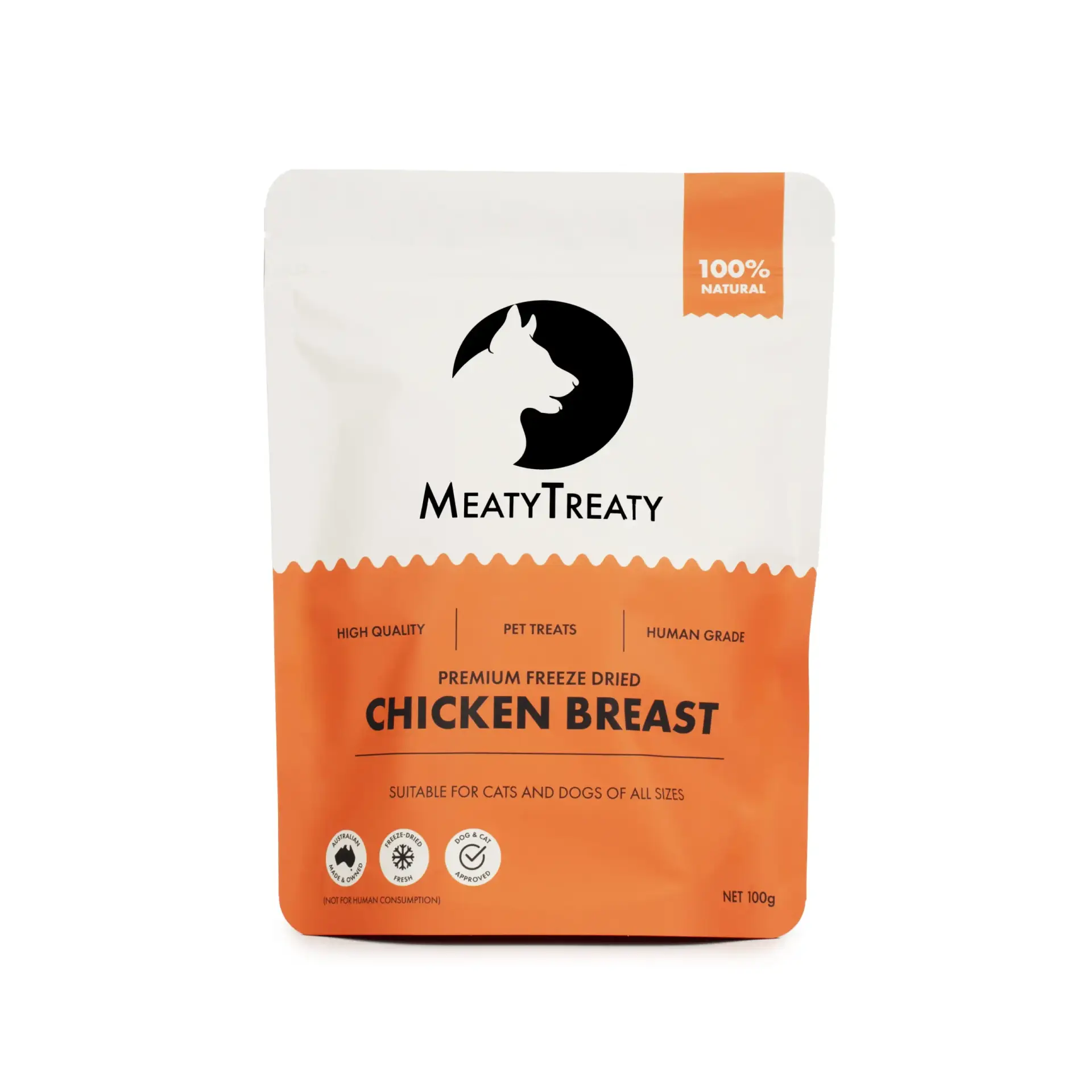 Front view of Meaty Treaty Freeze Dried Chicken Breast dog treats pack.
