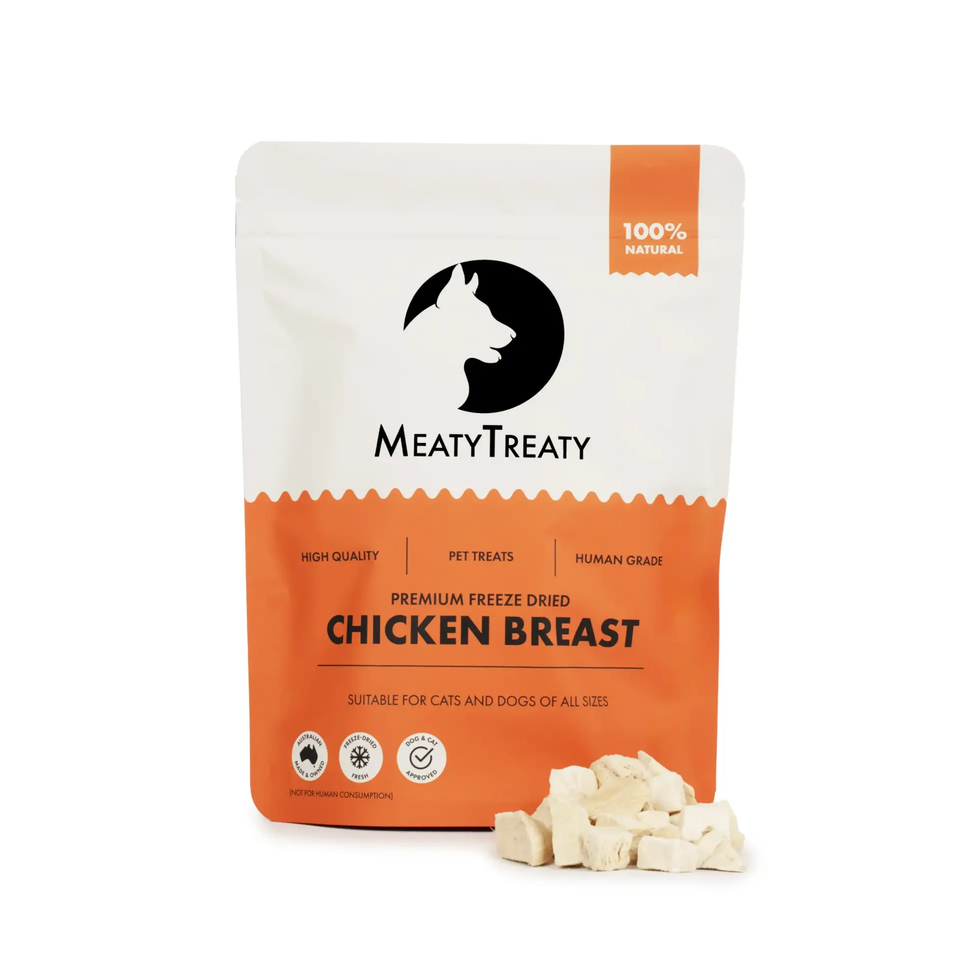 Meaty Treaty Freeze Dried Chicken Breast pack with chicken treat pieces displayed.