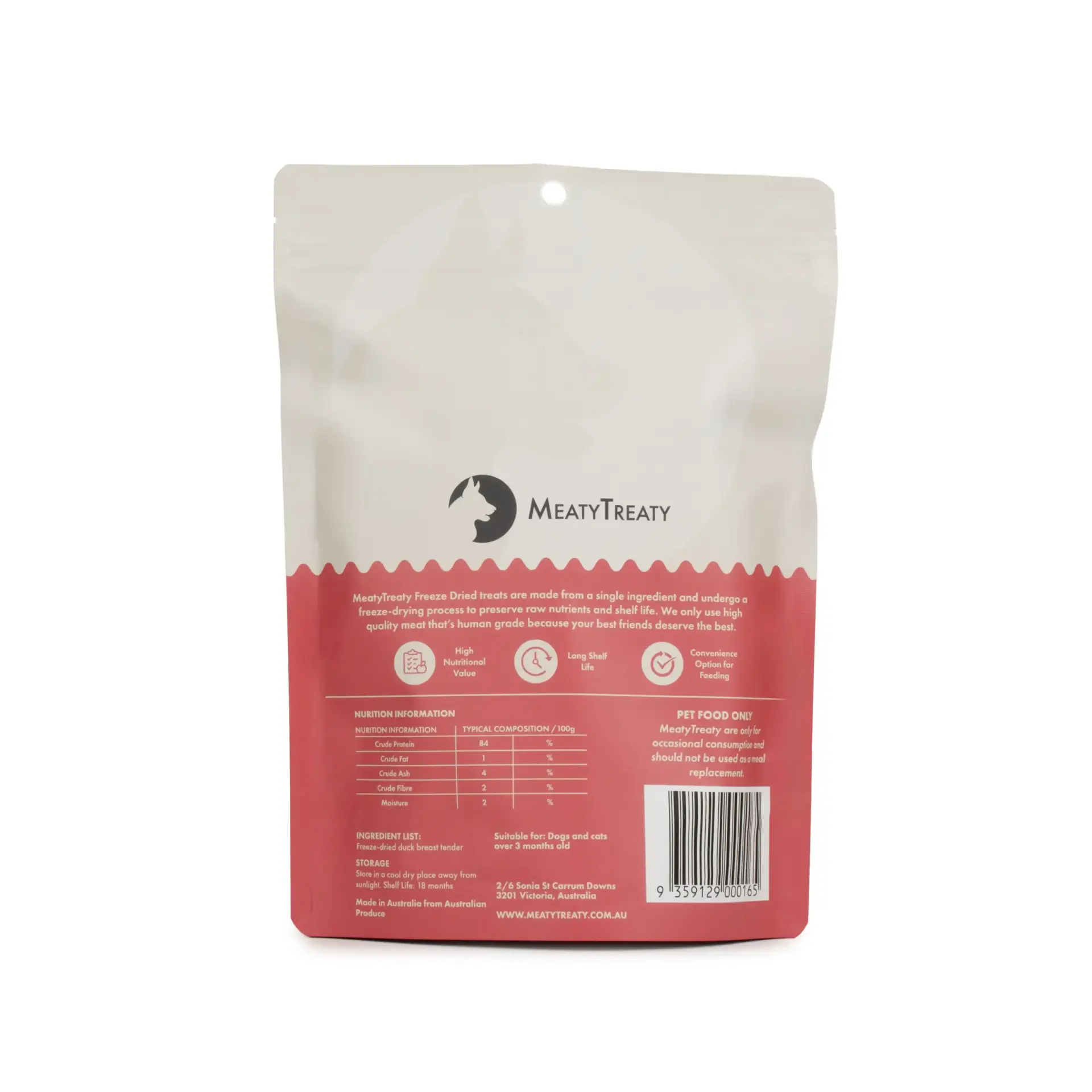 Back view of Meaty Treaty Freeze Dried Duck Dog Treats packaging