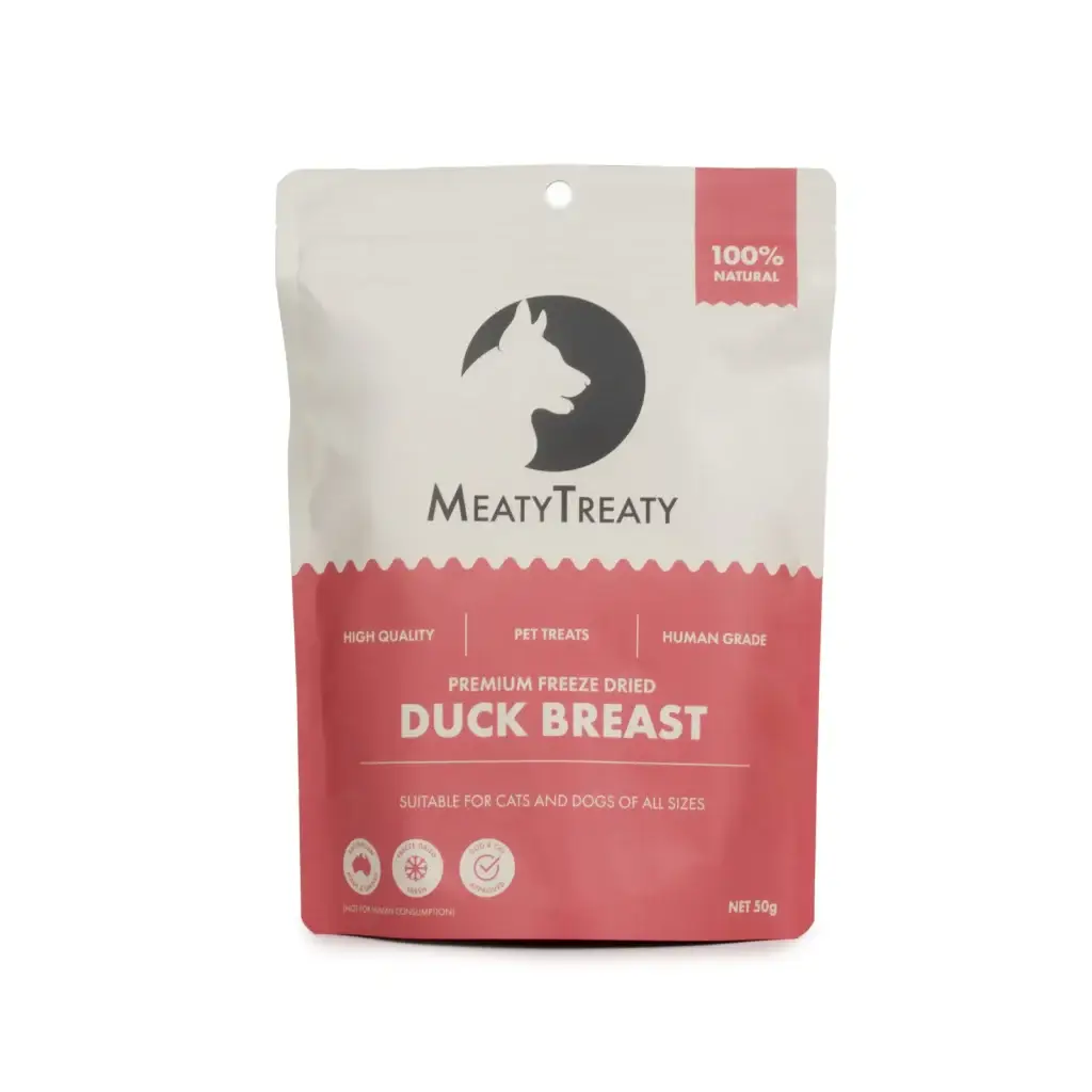 Front view of Meaty Treaty Freeze Dried Duck Dog Treats pack