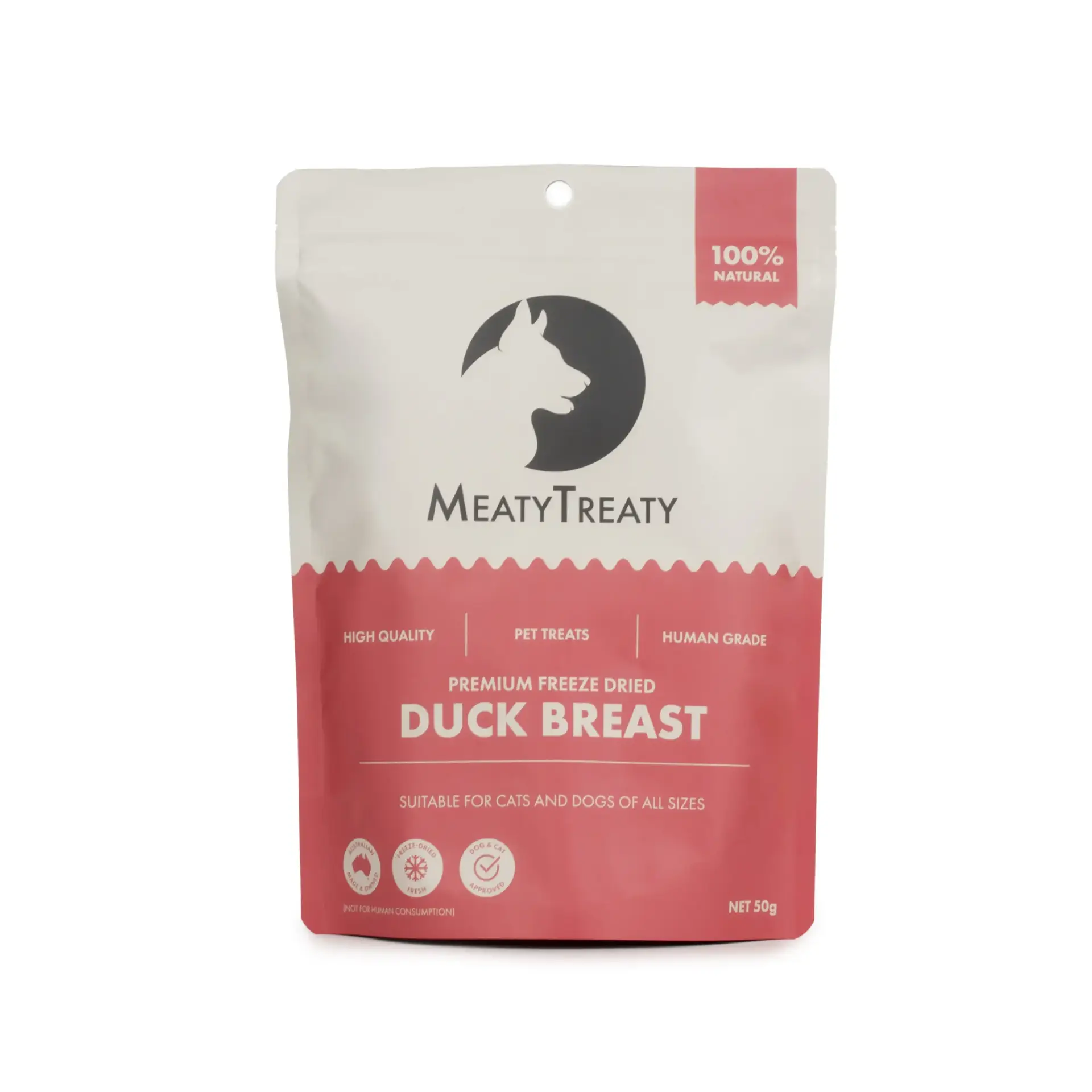 Front view of Meaty Treaty Freeze Dried Duck Dog Treats pack