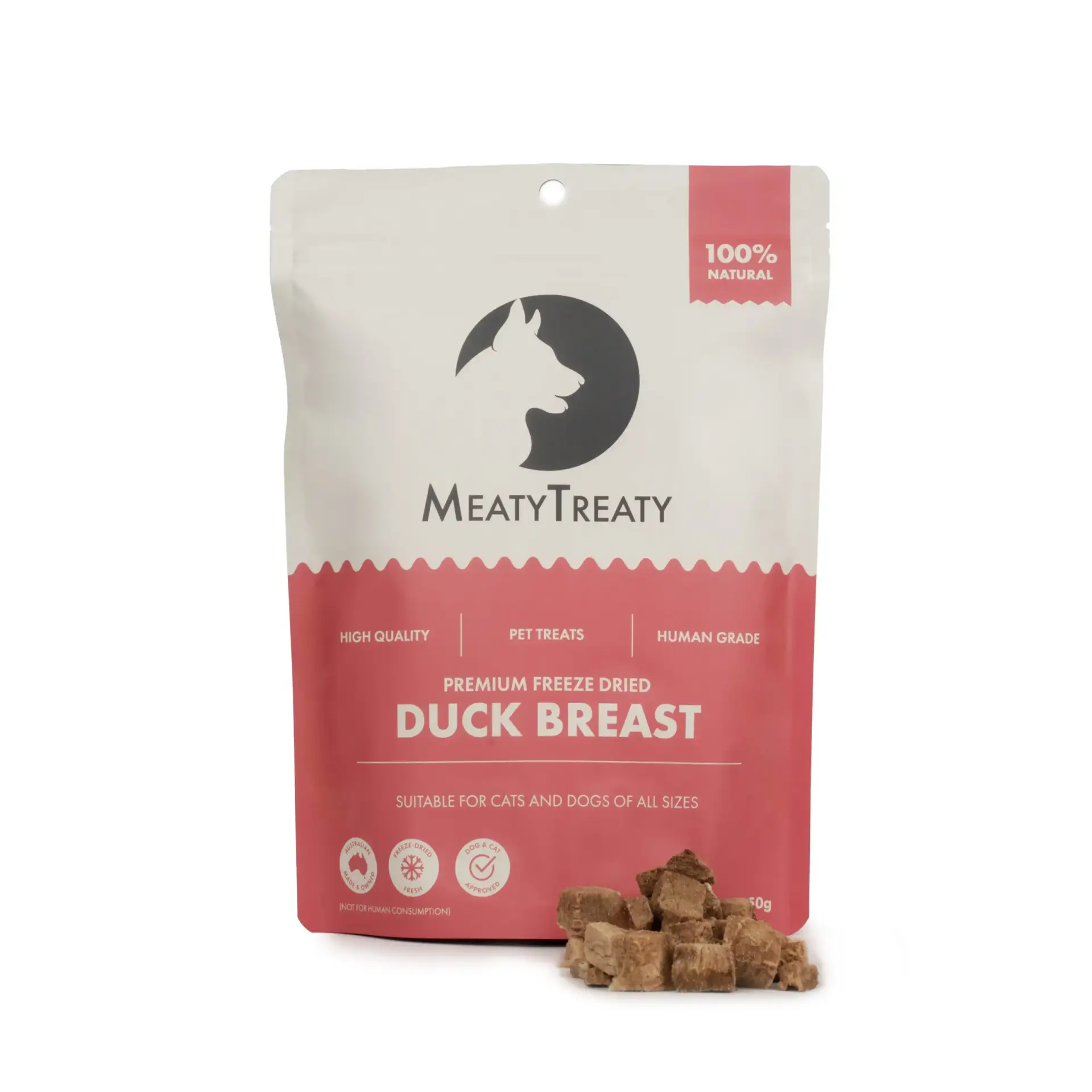 Meaty Treaty Freeze Dried Duck Dog Treats pack with duck breast pieces displayed