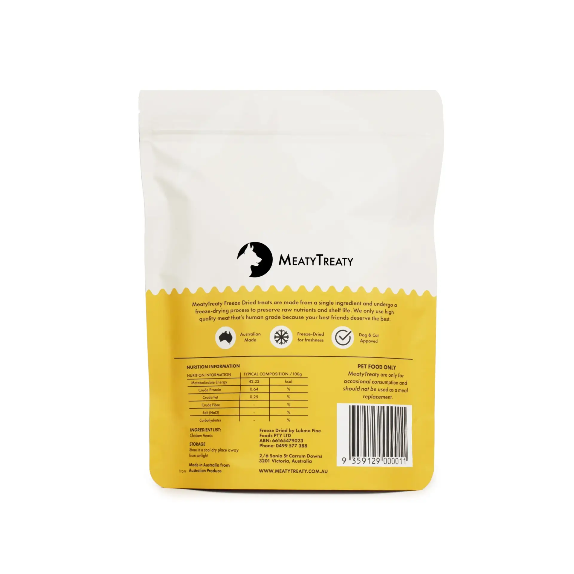 Back view of Meaty Treaty Freeze Dried Chicken Hearts packaging showing nutritional information.