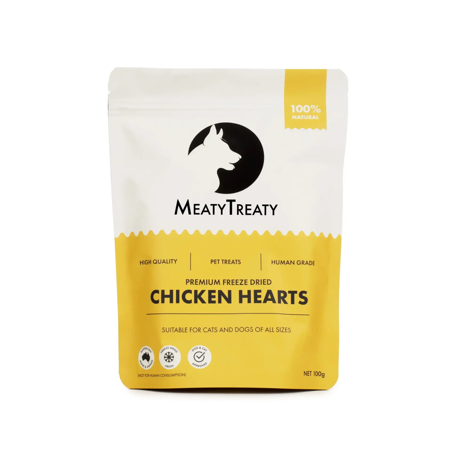 Front view of Meaty Treaty Freeze Dried Chicken Hearts dog treats pack. Dog Treats Dogs Love