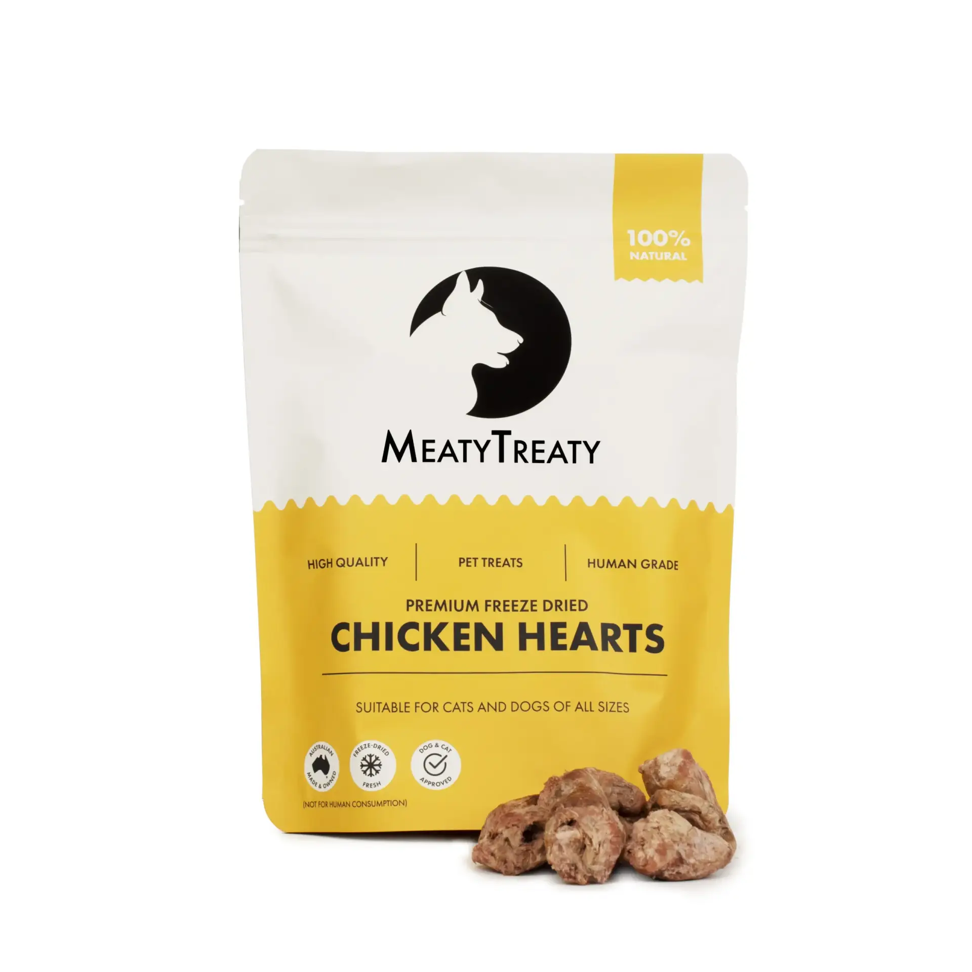 Meaty Treaty Chicken Hearts freeze-dried treat pack with chicken heart pieces displayed.