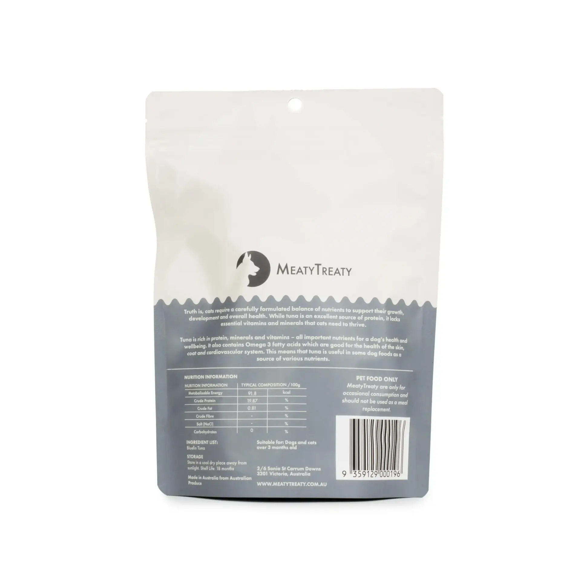 Freeze Dried Bluefin Tuna Dog Treats Back Packaging Back view of Meaty Treaty Freeze Dried Bluefin Tuna dog treats packaging