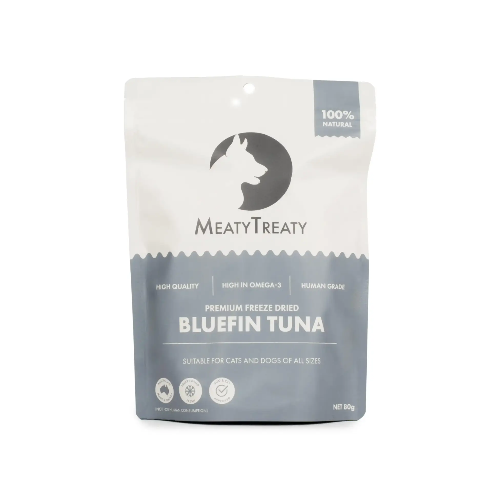 Freeze Dried Tuna Dog Treats Front Packaging Front view of Freeze Dried Tuna dog treats Meaty Treaty pack