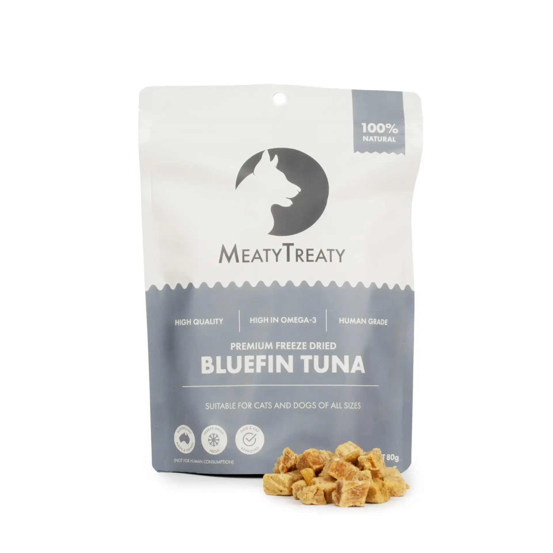 Freeze Dried Bluefin Tuna Dog Treats Pieces Meaty Treaty Bluefin Tuna freeze-dried treat pack with tuna dog treats pieces displayed