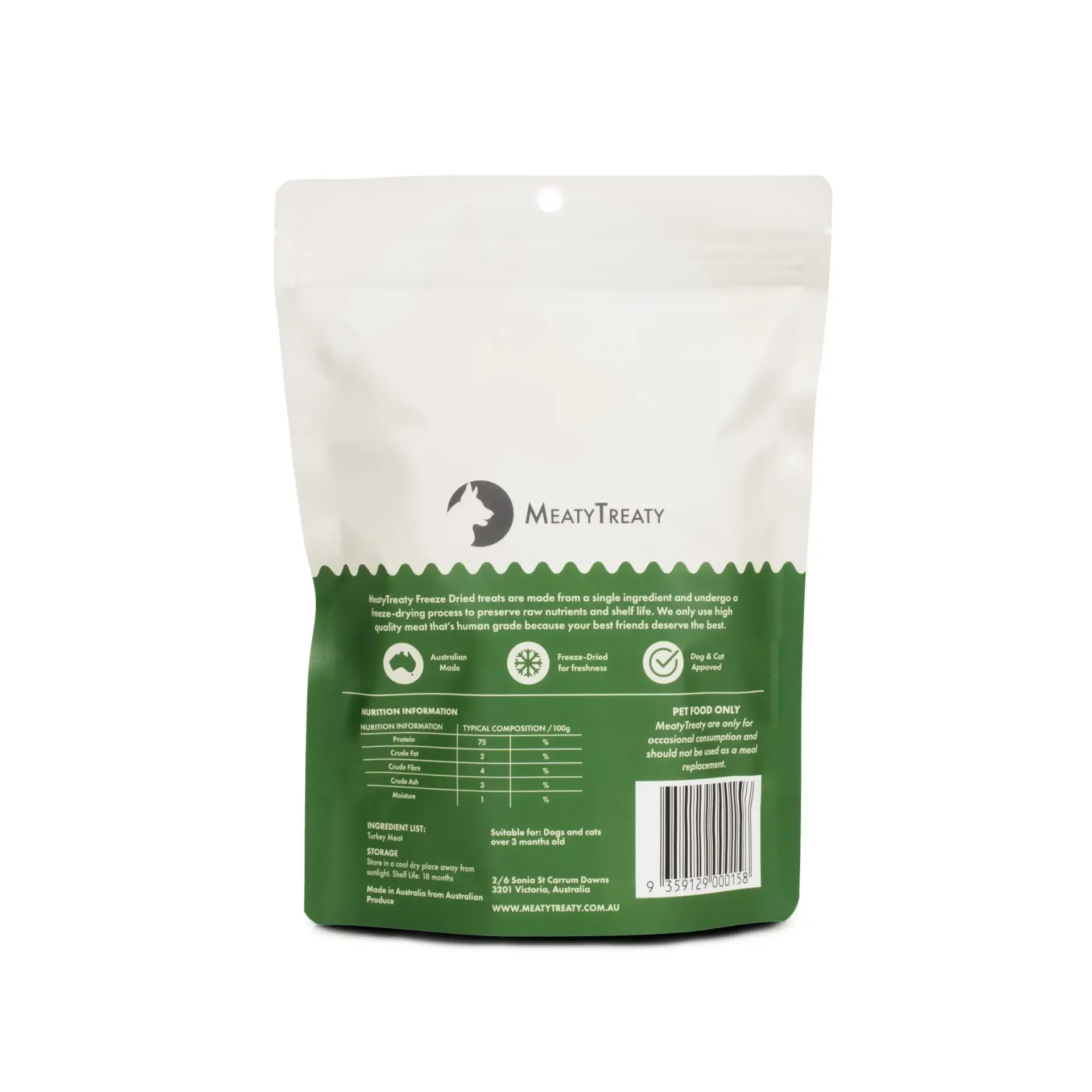 Back view of Meaty Treaty Freeze Dried Turkey Meat dog treat packaging