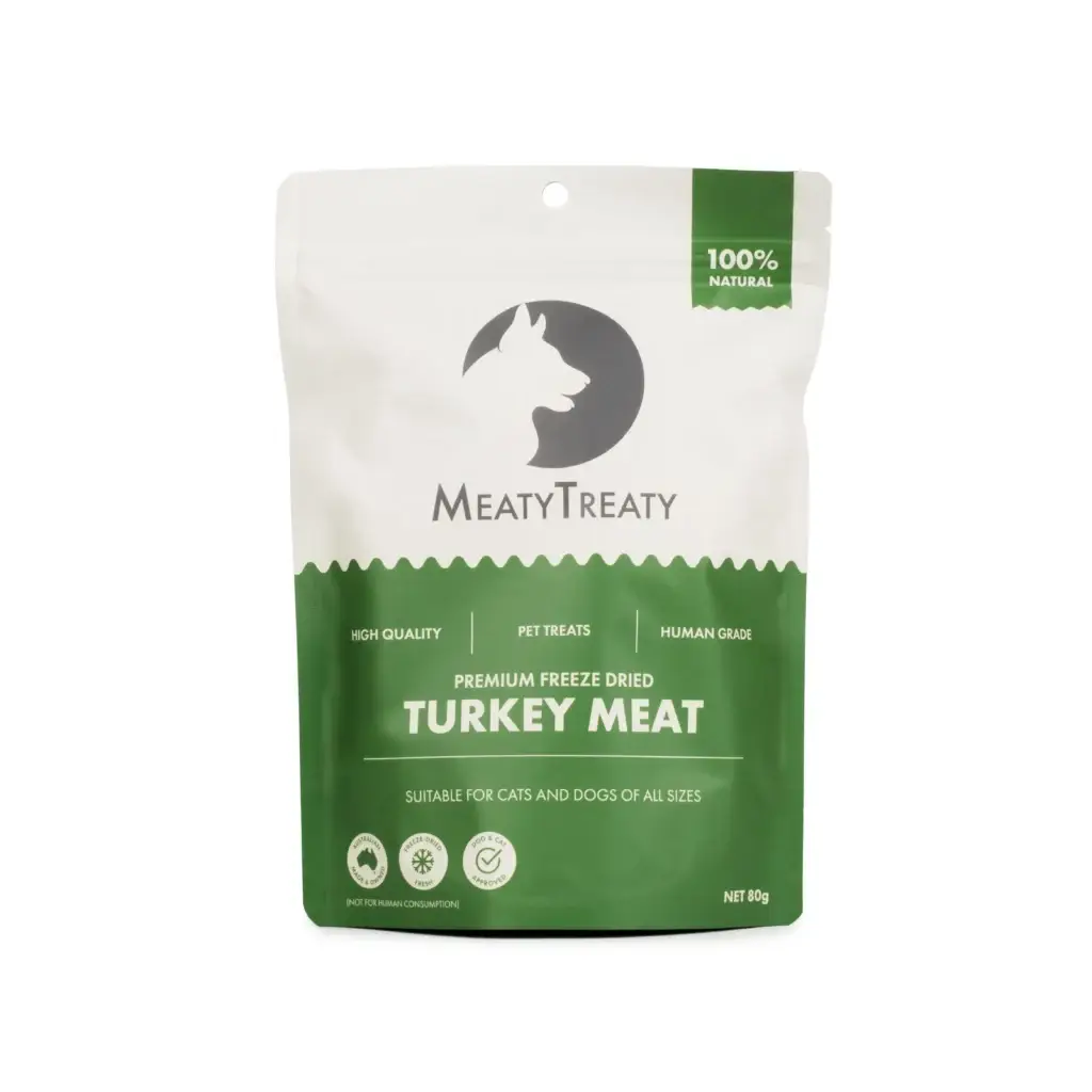Front view of Meaty Treaty Freeze Dried Turkey dog treats pack