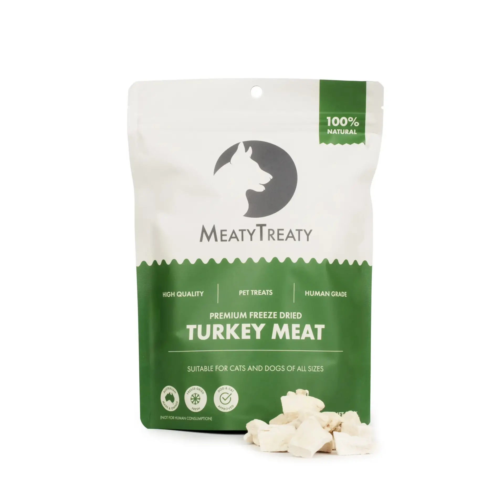 Meaty Treaty Freeze Dried Turkey Meat pack with turkey dog treat pieces displayed