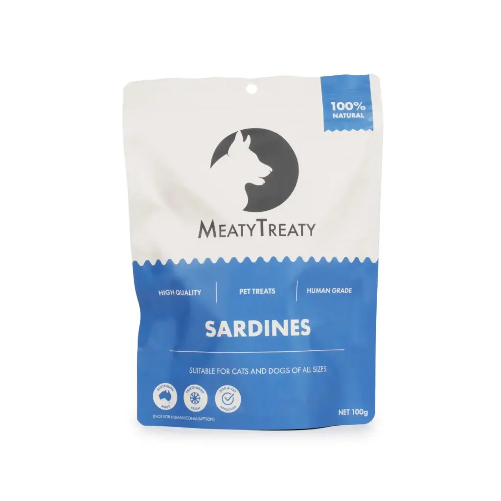 Front view of Meaty Treaty Freeze Dried Sardine Dog Treats 100g pouch