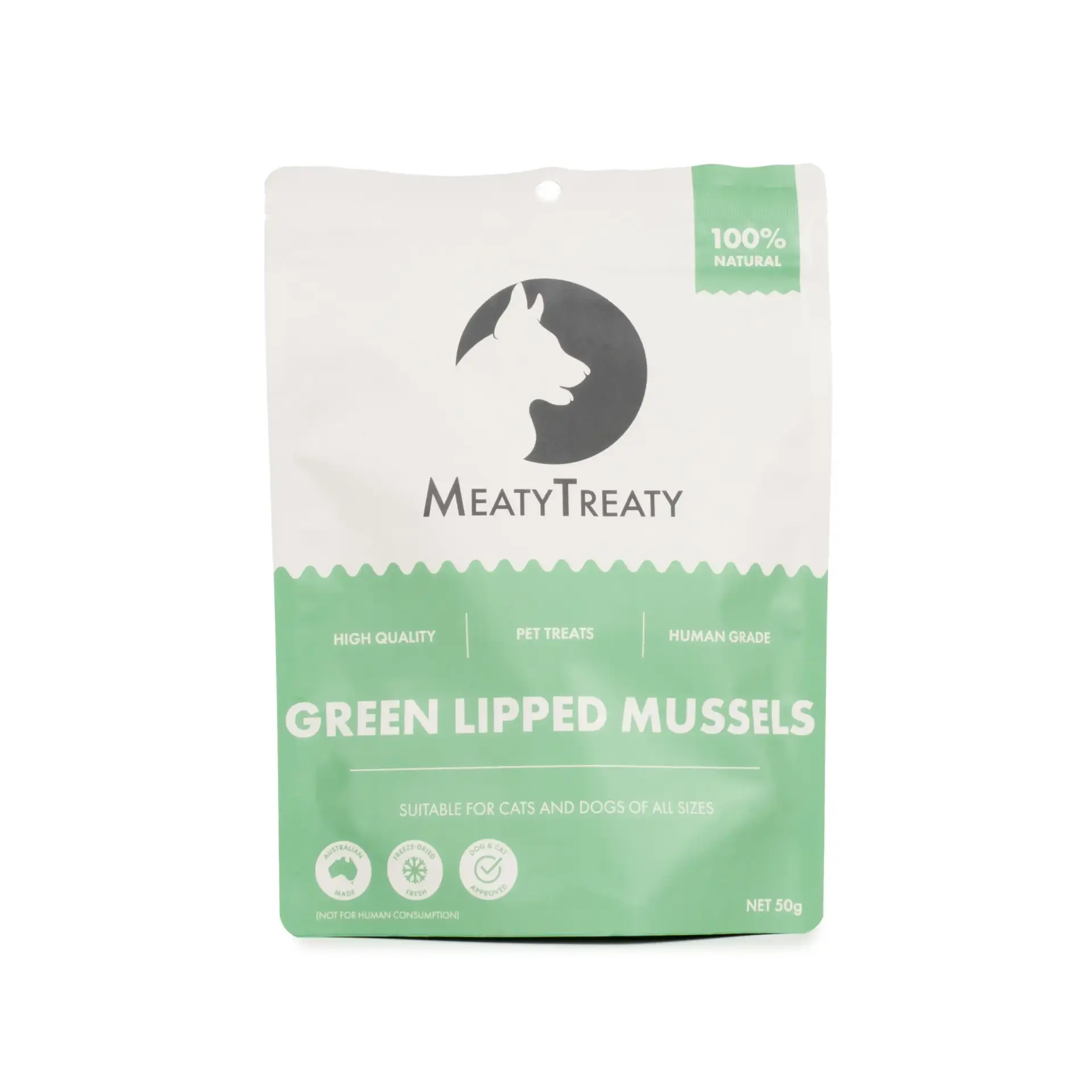 Front view of Meaty Treaty Freeze Dried Green Lipped Mussels Dog Treats pack