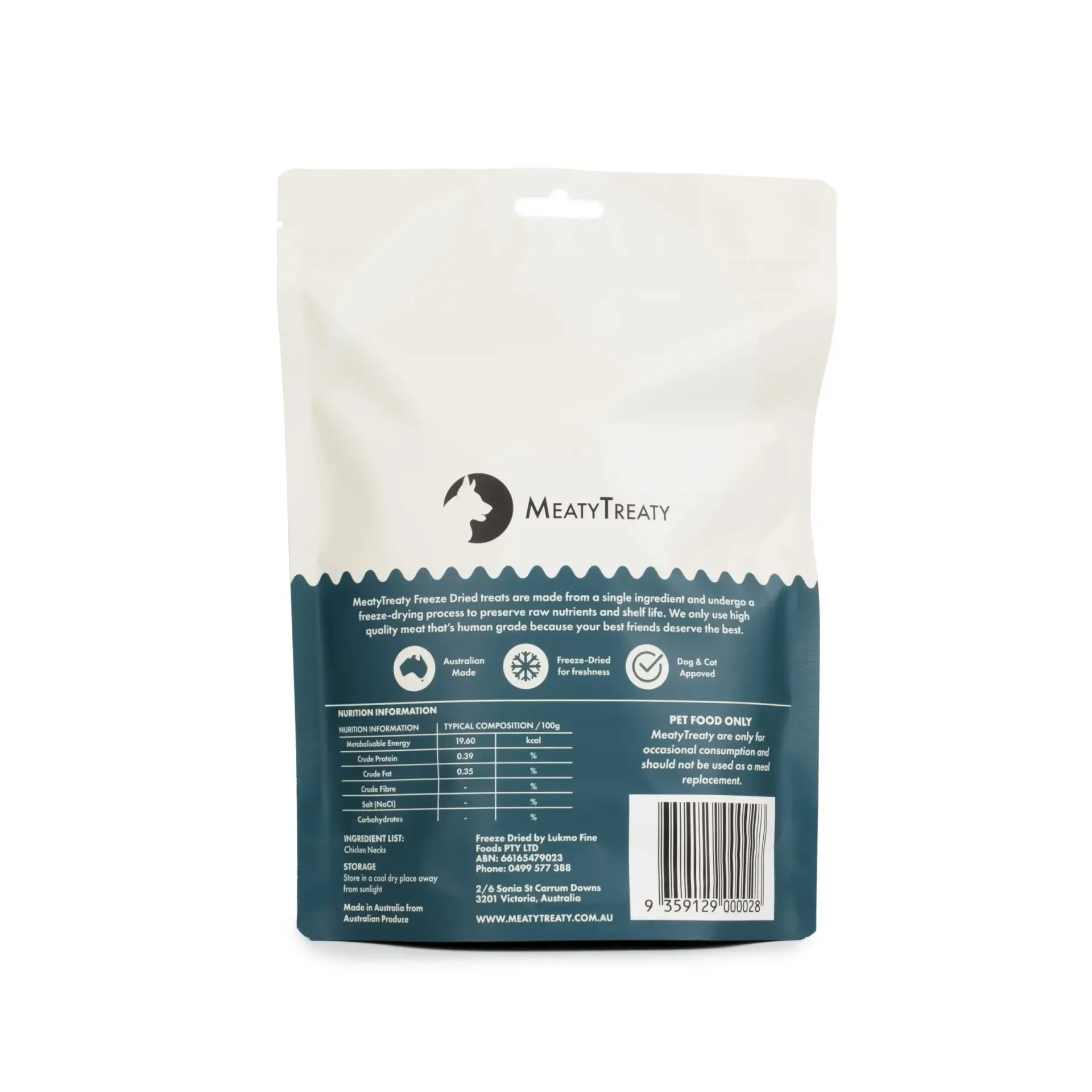 Back view of Meaty Treaty Freeze Dried Chicken Necks packaging showing nutritional information.